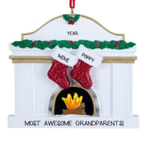 Personalized Grandparents Festive Fireplace Glittered Stockings Ornament