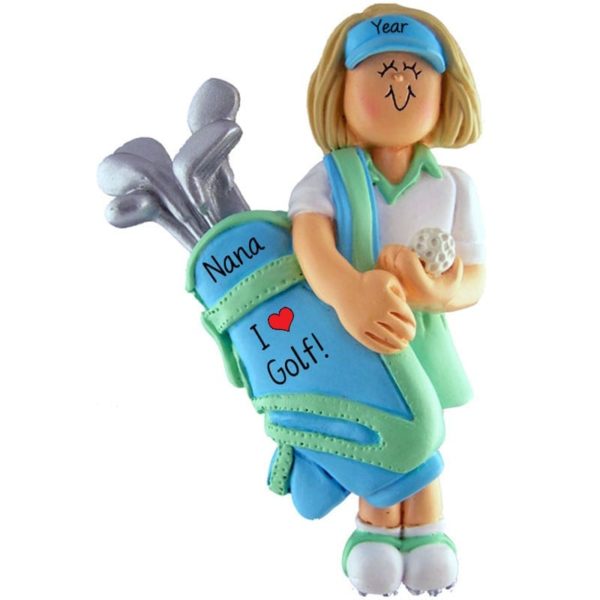 Personalized Grandma Golfer Wearing Bag Ornament BLONDE