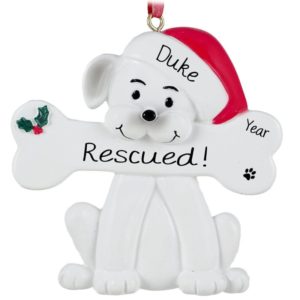 Personalized WHITE Rescue Dog Santa Hat + Dogbone Ornament