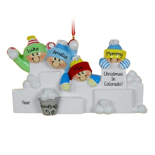 Image of Single Parent + 3 Kids Throwing Snowballs Personalized Ornament