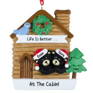 Personalized Black Bear Couple In Christmasy Cabin Ornament