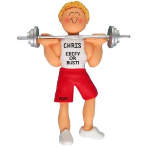 Image of Edify Or Bust Male Weight Lifter Ornament BLONDE Hair