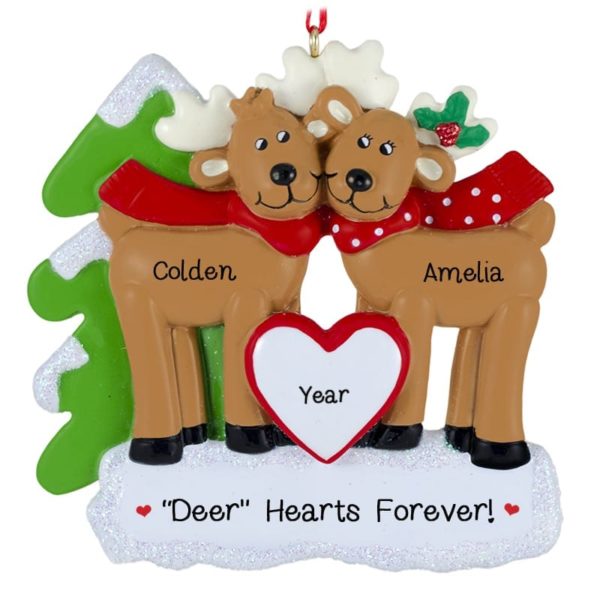 Personalized Reindeer Couple Deer Hearts Glittered Ornament