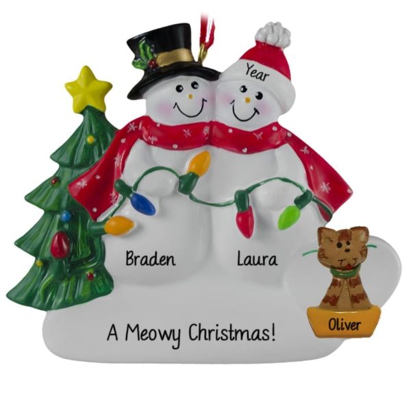 Personalized Snow Couple Holding Christmas Lights + Cat Ornament