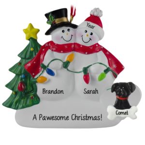 Personalized Snow Couple Holding Christmas Lights + Dog Ornament