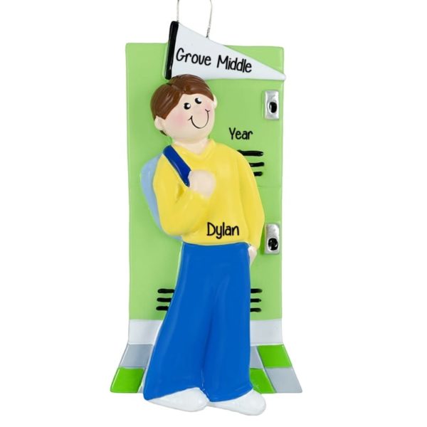 Personalized Middle School Boy At Locker Ornament BROWN Hair