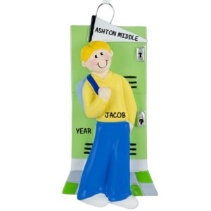 Personalized Middle School Boy At Locker Ornament BLONDE Hair