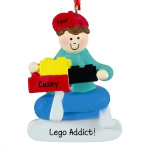 Image of Personalized Boy Lego Addict Ornament BROWN Hair