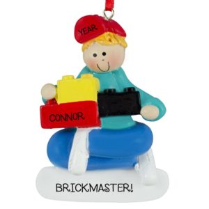 Personalized Boy Holding Legos Ornament BLONDE Hair