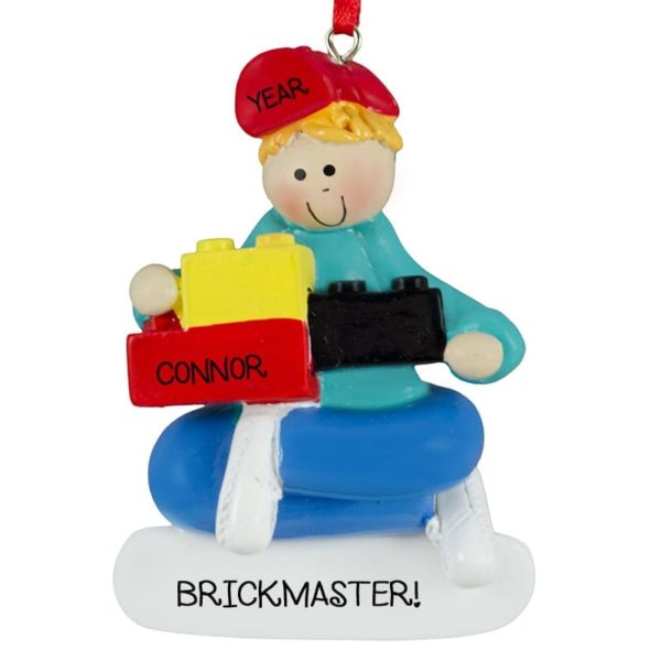 Personalized Boy Holding Legos Ornament BLONDE Hair