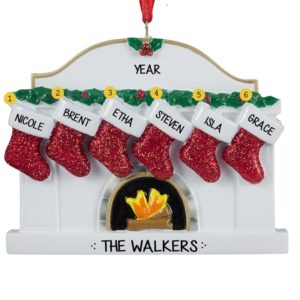 Image of Personalized Family Of 6 Fireplace Glittered Stockings Ornament