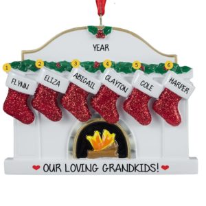 Personalized 6 Grandkids Fireplace Glittered Stockings Ornament