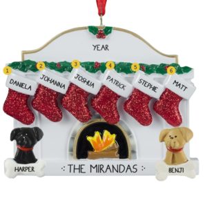 Family Of 6 With 2 Dogs White Fireplace Ornament