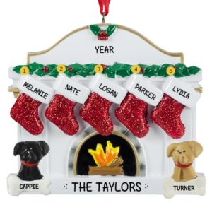 Image of Family Of 5 With 2 Dogs White Fireplace Ornament