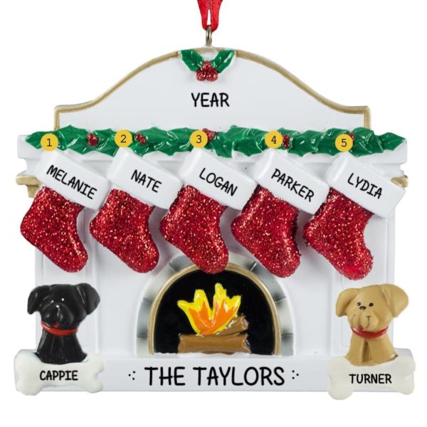 Family Of 5 With 2 Dogs White Fireplace Ornament