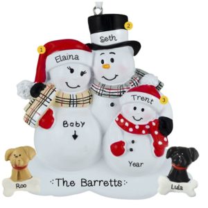 Image of Expecting Snow Family Of 3 + 2 DOGS Personalized  Ornament