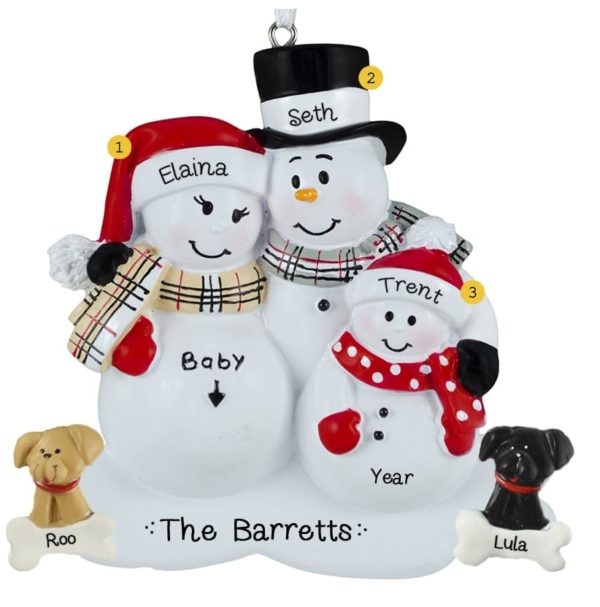 Expecting Snow Family Of 3 + 2 DOGS Personalized  Ornament