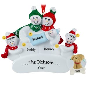 Snow Family of 5 with Baby BOY Ornament + Dog Ornament