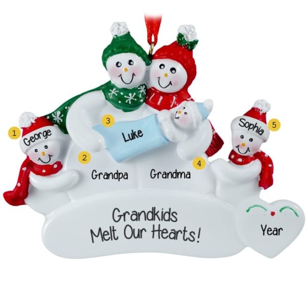 Image of Grandparents with 2 Grandkids + Baby Grandson Snowfamily Ornament