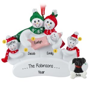 Snow Family of 5 with Baby GIRL + Dog Ornament