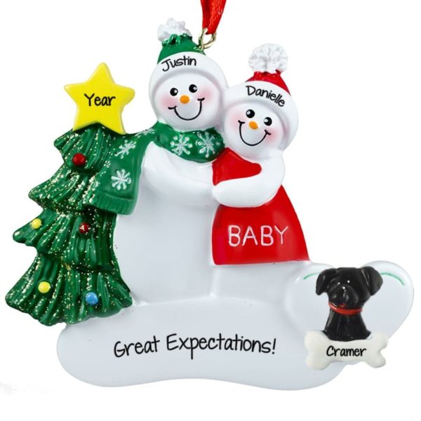 Image of Personalized Expecting Snow Couple + Dog RED/GREEN Christmas Ornament