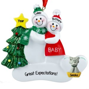 Personalized Expecting Snow Couple + Cat RED/GREEN Christmas Ornament
