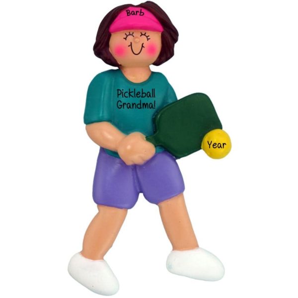 Pickleball Lady Holding Paddle Personalized Ornament BRUNETTE