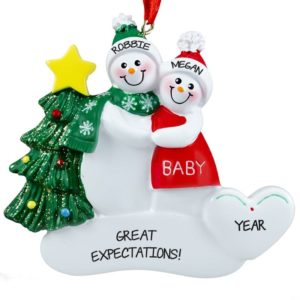 Pregnant Snow Couple Great Expectations Personalized Ornament RED
