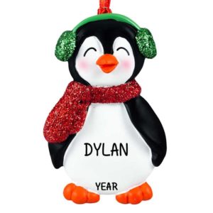 Personalized Penguin With RED Glittered Scarf Christmas Ornament