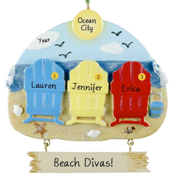 Image of 3 Friends Beach Vacation Colorful Chairs Ornament