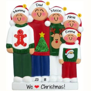 Personalized Family of 5 Wearing Ugly Christmas Sweaters Ornament