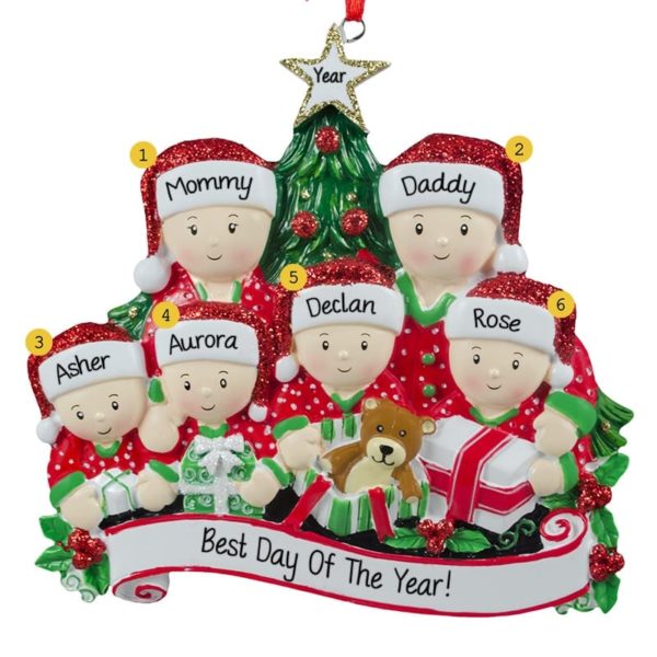 Image of Personalized Family of 6 Opening Presents Christmas Morning Ornament