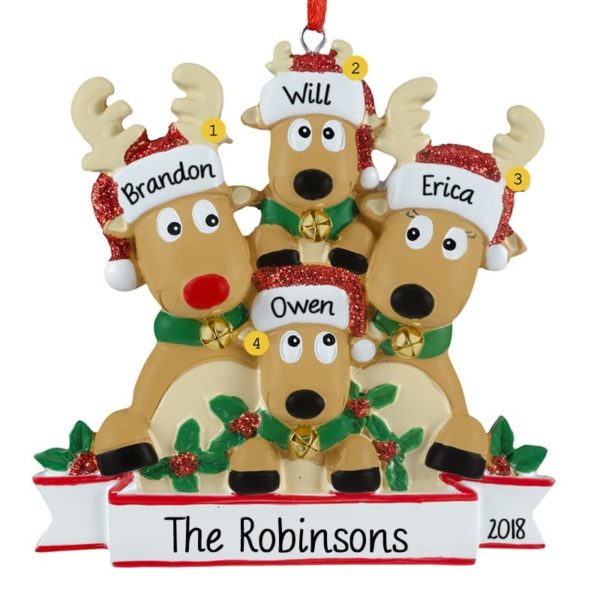 Personalized Reindeer Family of 4 Jingle Bells Ornament