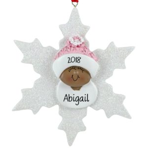 African American Snow Girl PINK On Glittered Flake Ornament