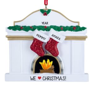 Single Parent + 1 Child Fireplace Glittered Stockings Ornament