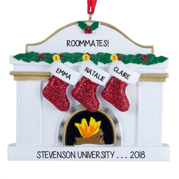 Personalized 3 Roommates Fireplace Glittered Stockings Ornaments