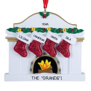 Personalized 4 Grandkids Fireplace Glittered Stocking Ornament