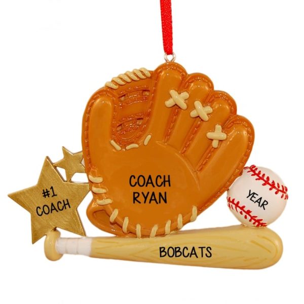 Image of Personalized Baseball Coach Glove Bat & Ball Ornament