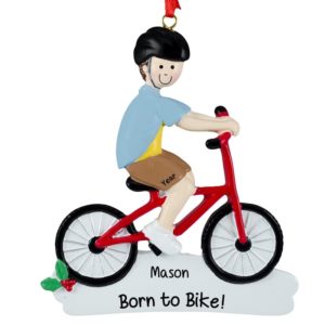 Personalized Boy Riding RED Bike Ornament Brown Hair