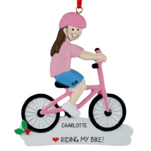 Personalized GIRL Riding PINK Bike Ornament BRUNETTE