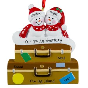 Anniversary Snow Couple Suitcase Personalized Ornament