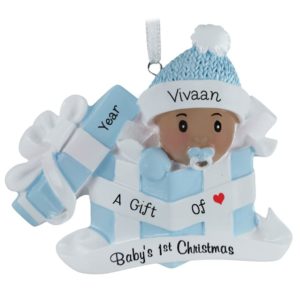 Baby BOY's 1st Christmas in Present Ornament Light Brown Skin