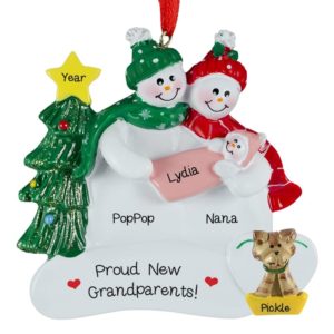 Grandparents Snow Couple With Baby GIRL + Cat Ornament