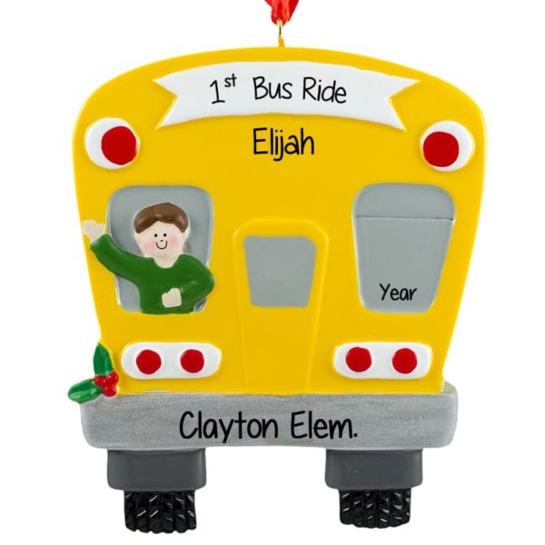 Image of First School Bus Ride BOY Personalized Ornament BROWN Hair