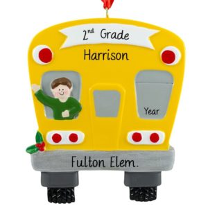 BOY Riding A School Bus Personalized Ornament BROWN Hair