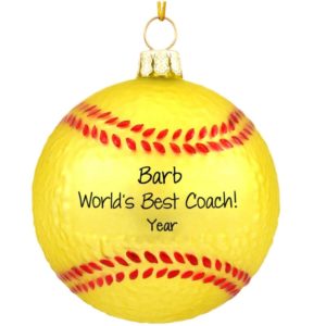 World's Best Softball Coach Glass Personalized Ornament YELLOW