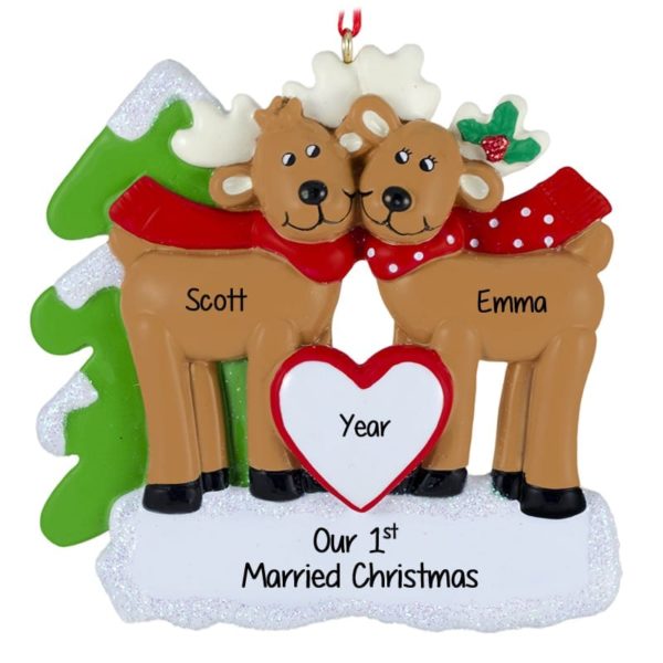 First Married Christmas Deer Couple Glittered Ornament