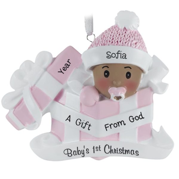 Our Gift From God Baby GIRL In Present Ornament Light Brown Skin