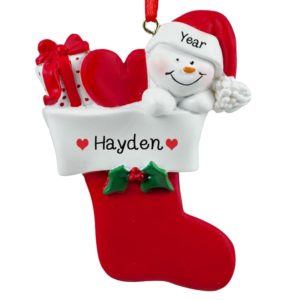Personalized Snowman In RED Stocking Heart & Present Ornament