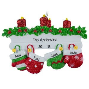 Personalized Family of 4 Mittens On Mantle With CANDLES Ornament RED & GREEN